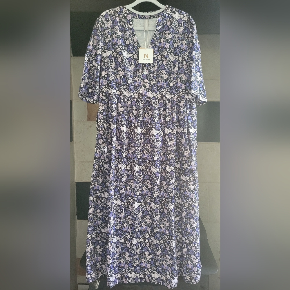 Vintage NWT Noracora Floral Dress Size L Blue Purple Pattern Granny Print